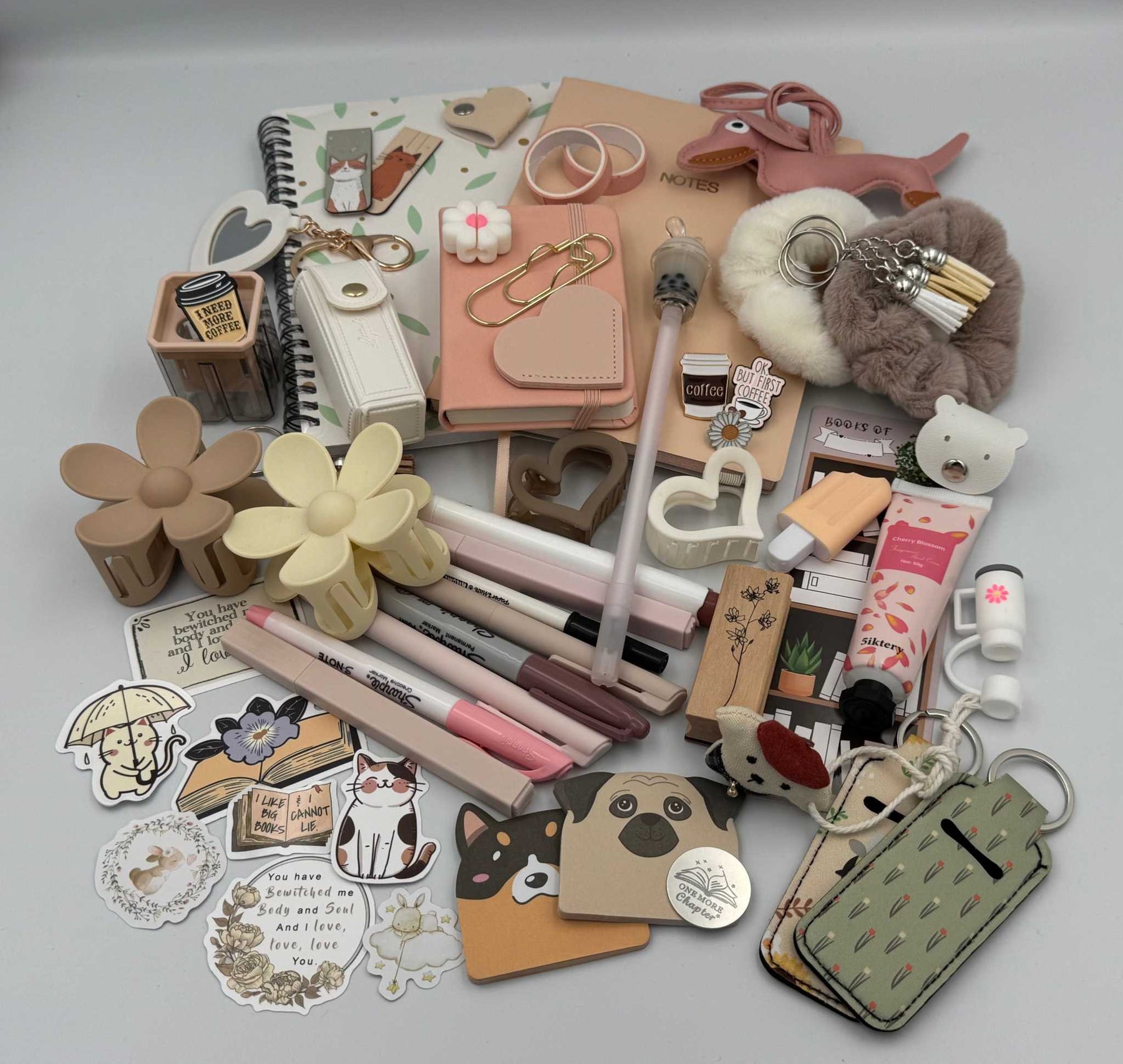 Beautiful neutrals bookish and stationery bundle with various items including pens, notebooks, keychains, and stickers.